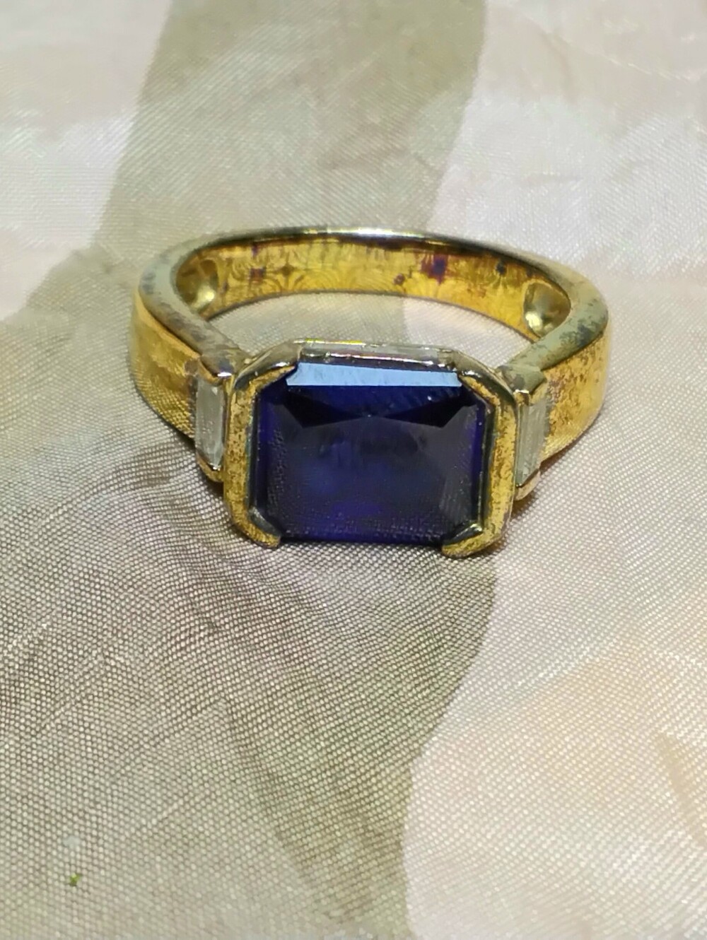 925 Silver Gold Vermeil Sapphire & CZ Signed Ring Sz 7-3/4